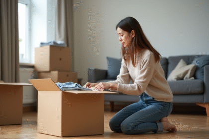 Jeune femme plissant les yeux en rangeant des vêtements dans une box