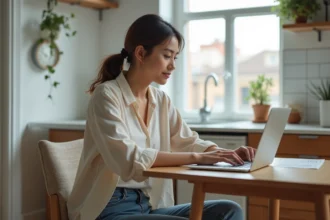 Jeune femme cherche appartement sur son laptop dans un studio