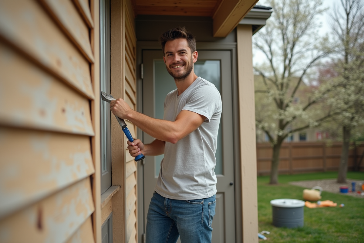 Jeune homme en extérieur grattant la vieille peinture d
