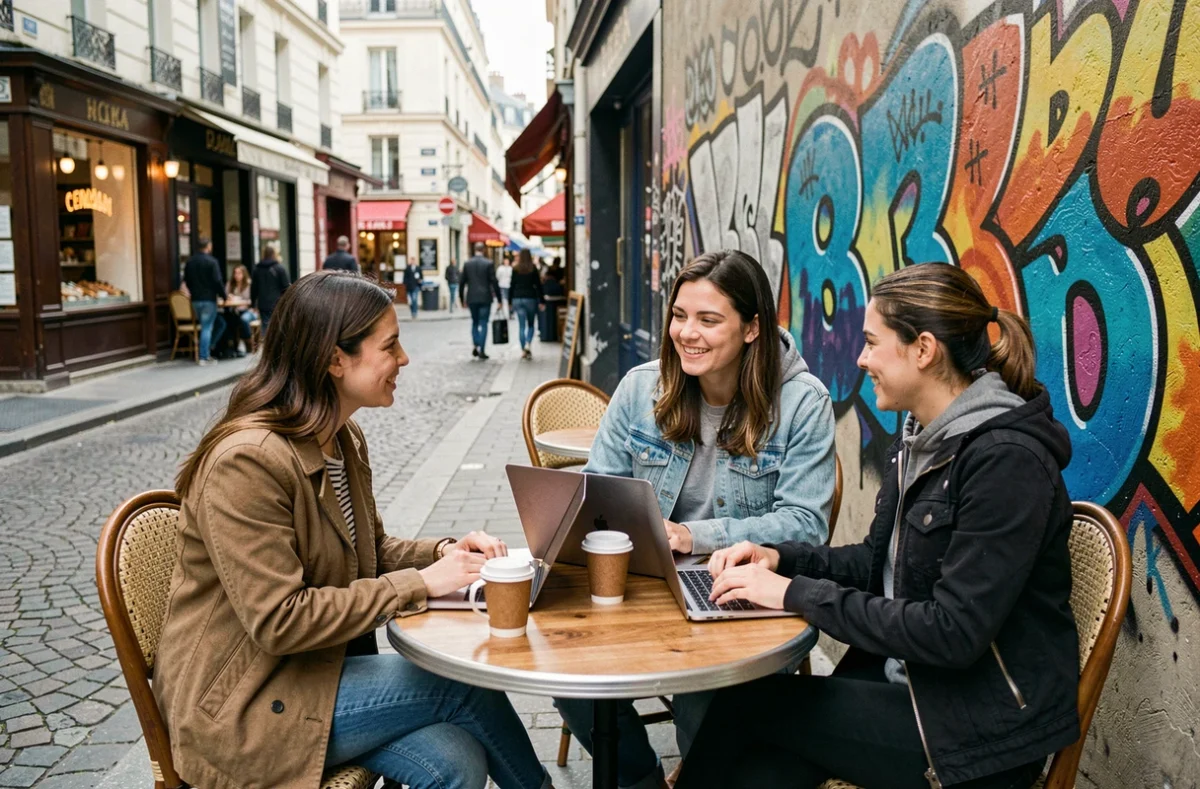 Groupe de jeunes professionnels créatifs en terrasse dans le quartier Ménilmontant proche de la rue Sorbier Paris 20e