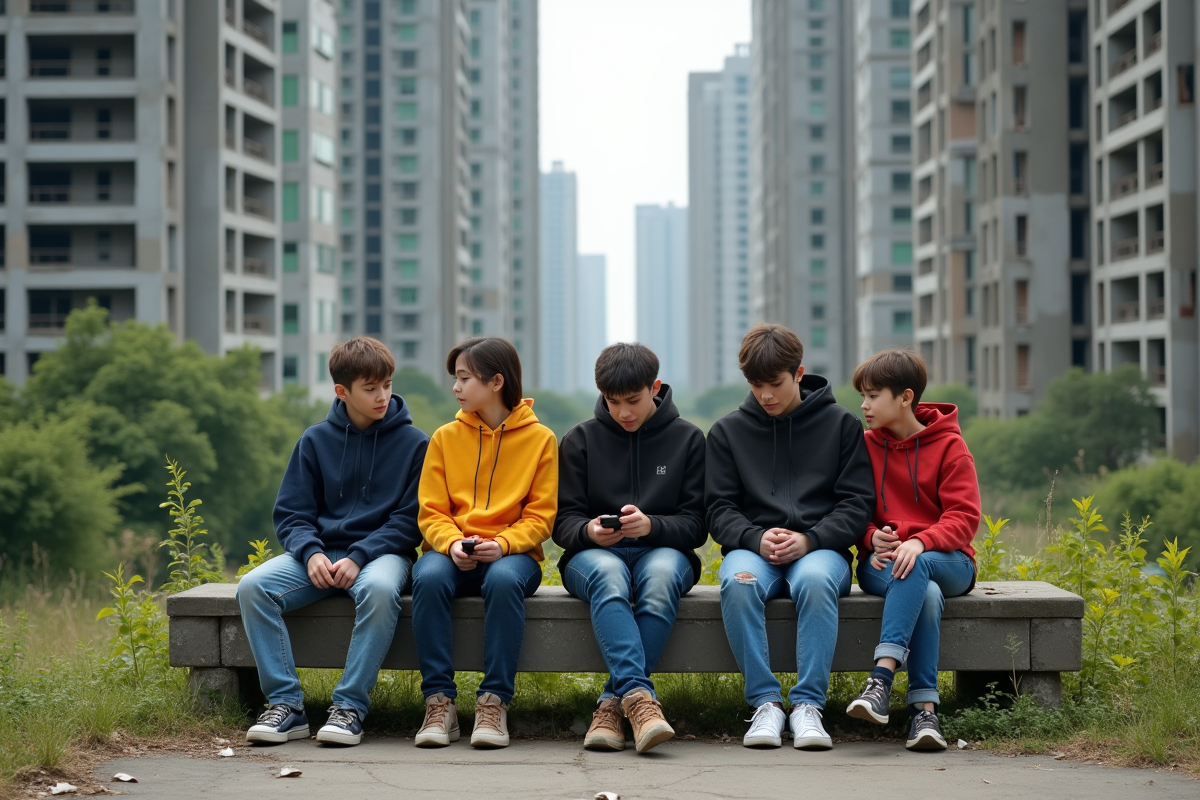 Jeunes dans un parc entouré de bâtiments en construction