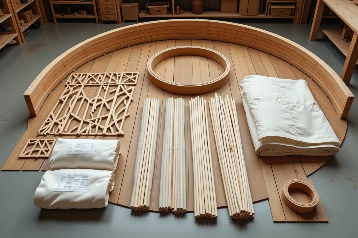 Kit yourte démontée avec tous les composants disposés sur un plancher en bois : lattices, couronne, perches et feutre isolant