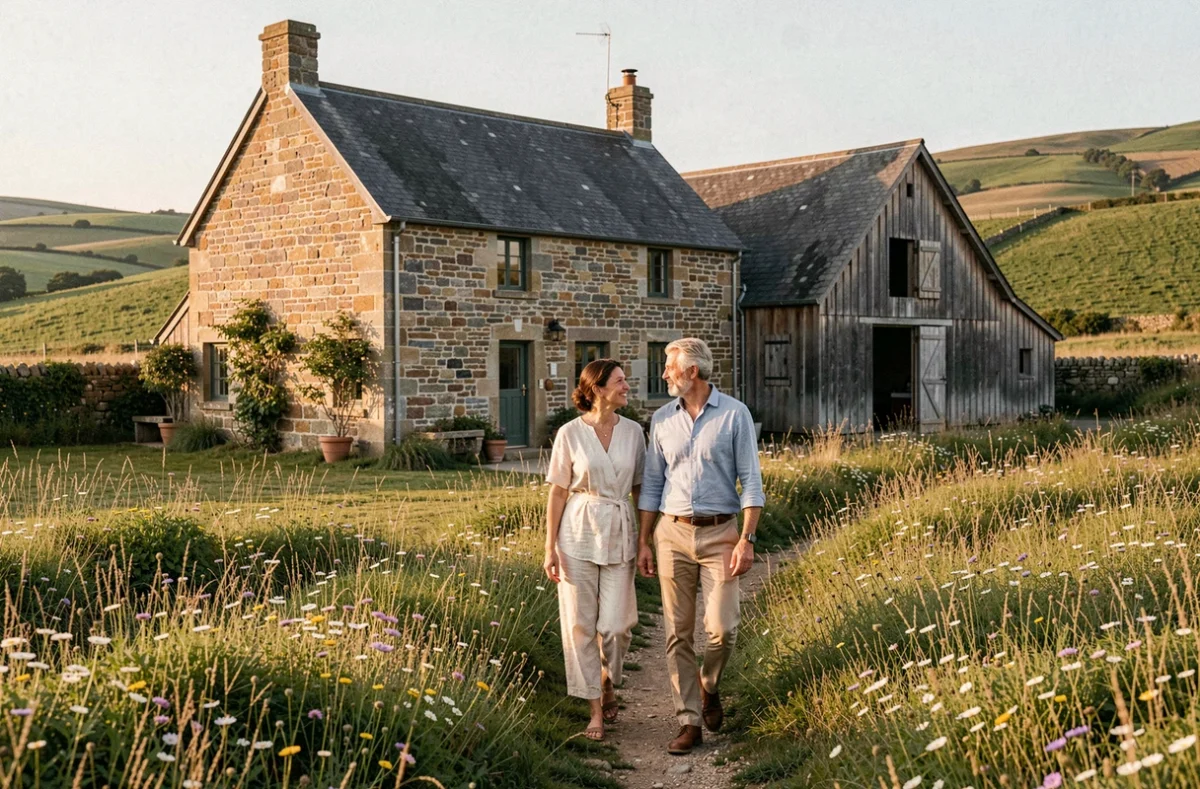 Couple se promenant devant une longère bretonne restaurée avec grange convertie, illustrant l'offre de Leggett Immobilier Bretagne