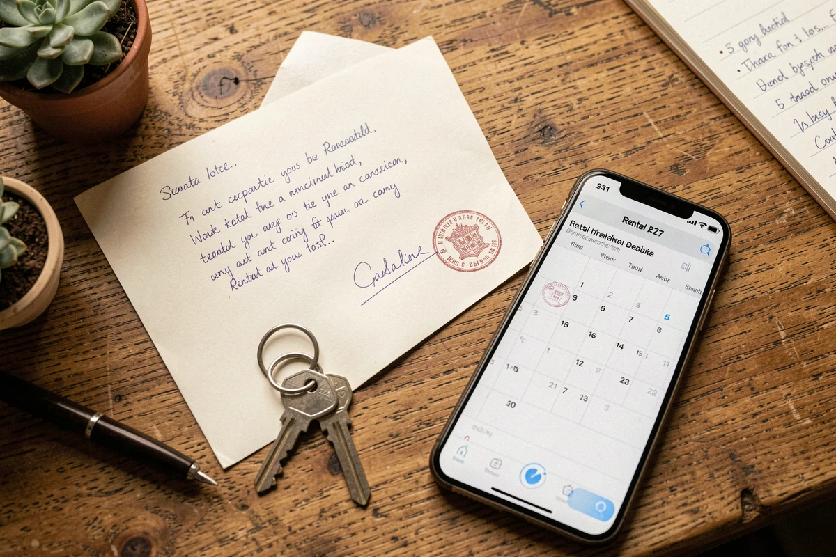 Lettre d'annulation de préavis locatif avec clés d'appartement et enveloppe sur un bureau en bois