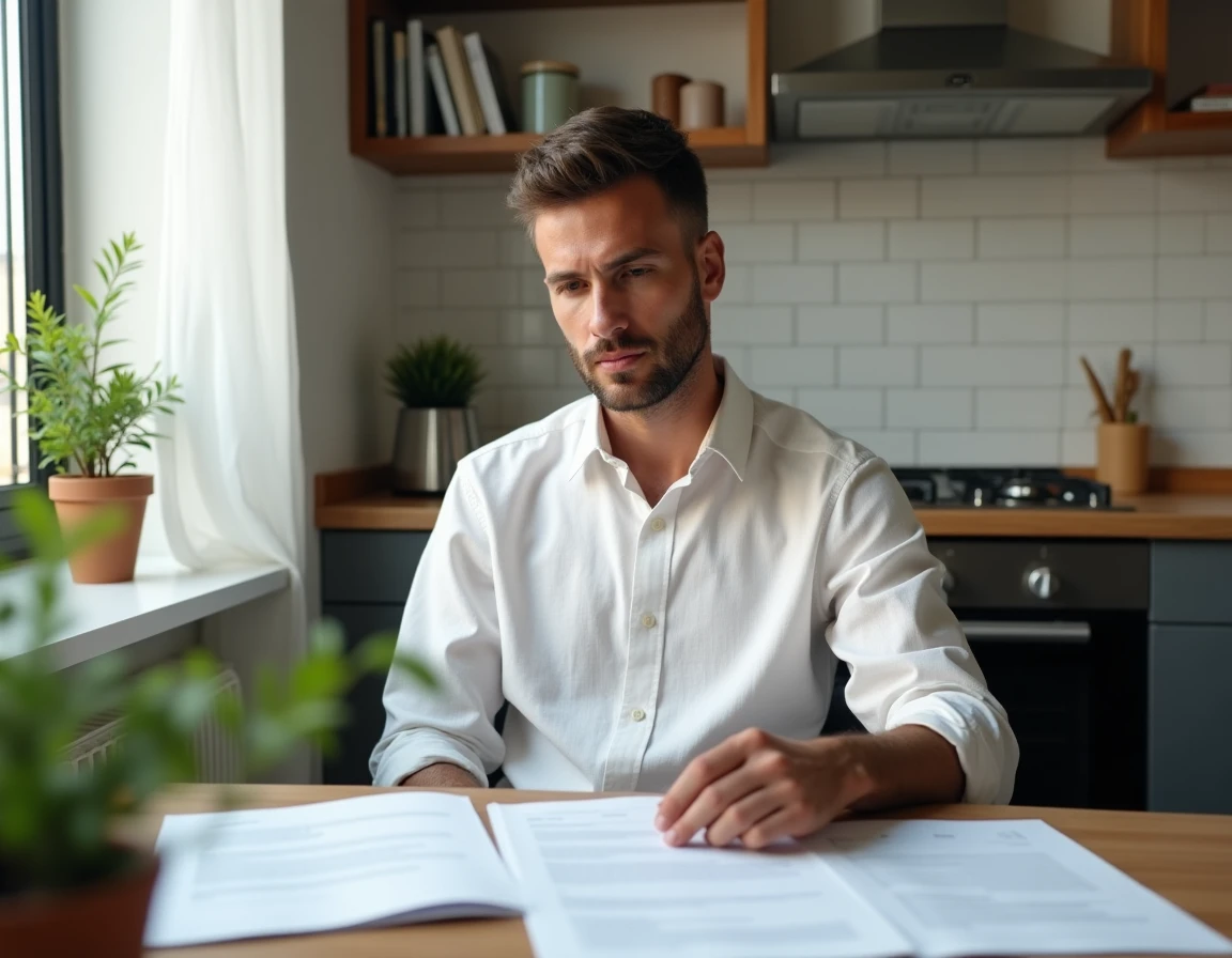 Homme locataire analysant des documents financiers et un contrat de location dans une cuisine urbaine