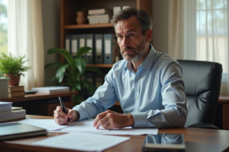 Propriétaire homme d'affaires en bureau lisant documents