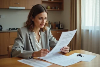 Locataire examinant un contrat de location meublée avec des clés et une enveloppe sur une table en bois