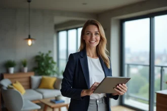Femme locataire confiante dans un appartement moderne tenant une tablette affichant des annonces immobilières