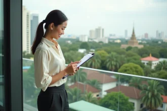 Femme consultant des documents sur le balcon d'un appartement moderne en Thaïlande avec vue sur Bangkok