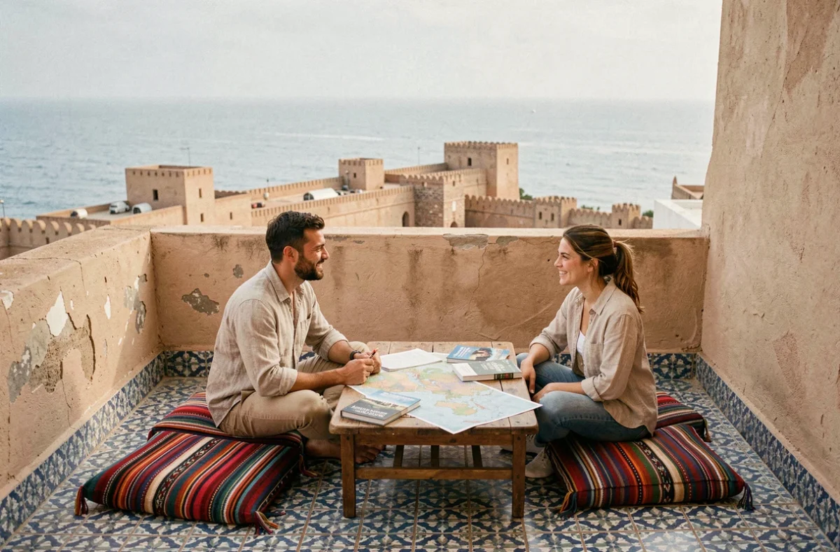 Terrasse de toit d'une maison de location abordable à Essaouira avec vue sur les remparts et l'Atlantique, deux amis assis sur des coussins berbères colorés