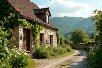 Petite maison en pierre à louer avec jardin fleuri dans le Puy-de-Dôme, entourée de collines verdoyantes typiques de l'Auvergne