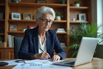 Femme experte en immobilier consultant un logiciel d'estimation pour succession sur ordinateur portable