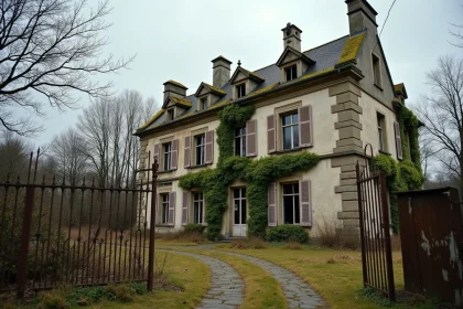 Manoir abandonné en pierre avec grilles rouillées et façade envahie de lierre, terrain en friche à vendre en France