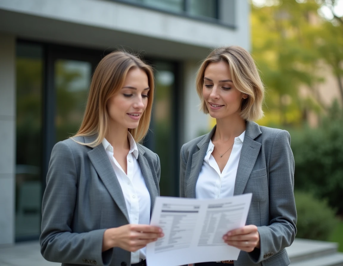 Marchande de biens et agent immobilier consultant un document de frais d'acquisition devant un immeuble résidentiel