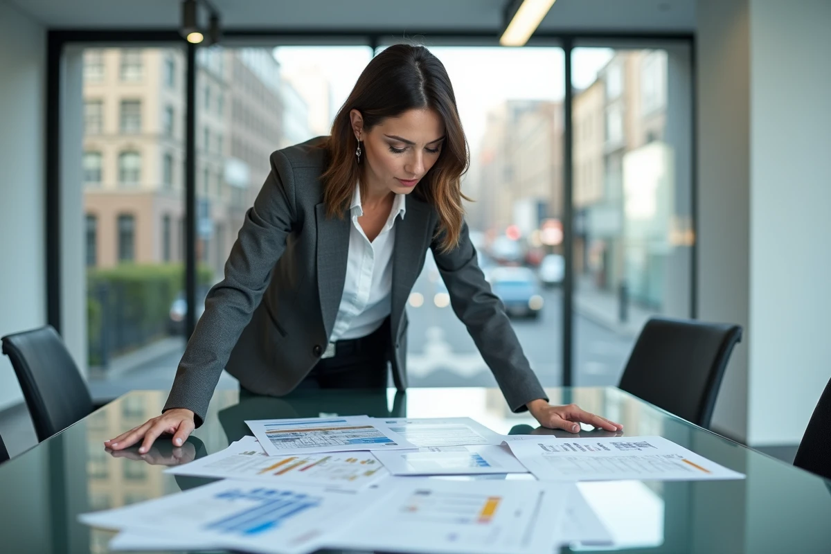 Marchande de biens en blazer gris analysant des contrats d'acquisition immobilière et des frais de notaire sur une table de réunion moderne