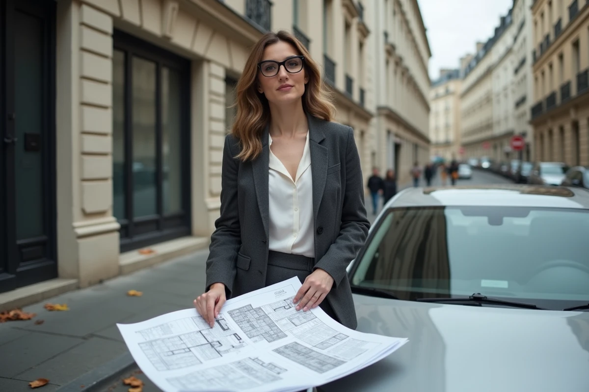 Marchande de biens consultant des plans architecturaux devant un immeuble parisien lors d'une acquisition immobilière