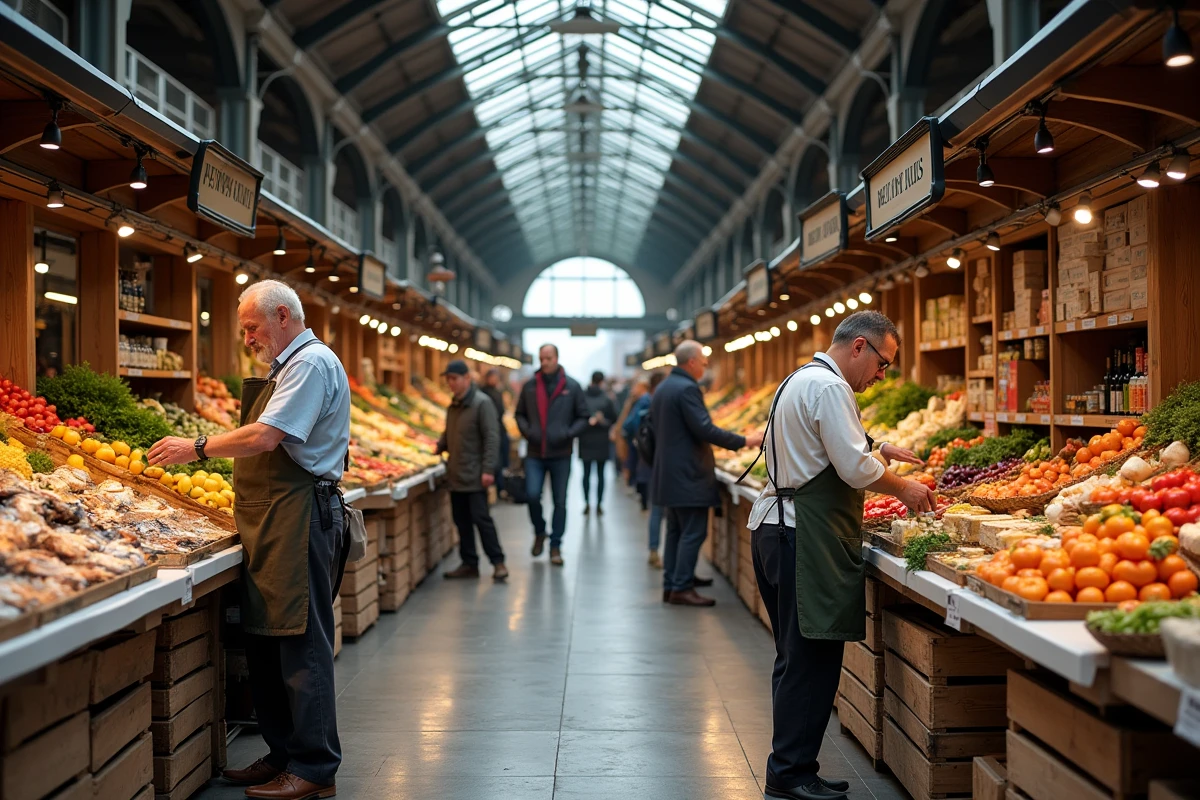 Marché couvert animé au Havre avec étals de produits frais, poissons et fromages régionaux