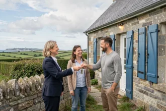 Agent immobilier remettant les clés d'une maison en pierre bretonne à un couple dans les Côtes-d'Armor