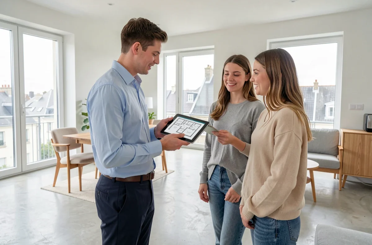 Agent Nestenn Saint-Brieuc présentant des plans d'appartement sur tablette à un couple dans un logement moderne