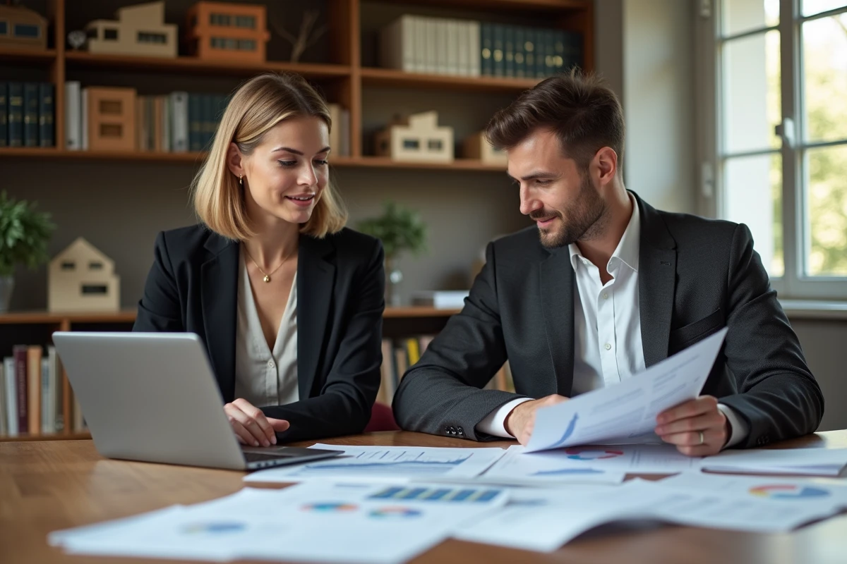 Notaire et gestionnaire immobilier discutant devant un ordinateur