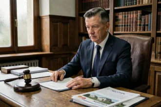 Notaire en costume marine examinant des documents d'adjudication immobilière sur un bureau en chêne dans un office notarial traditionnel