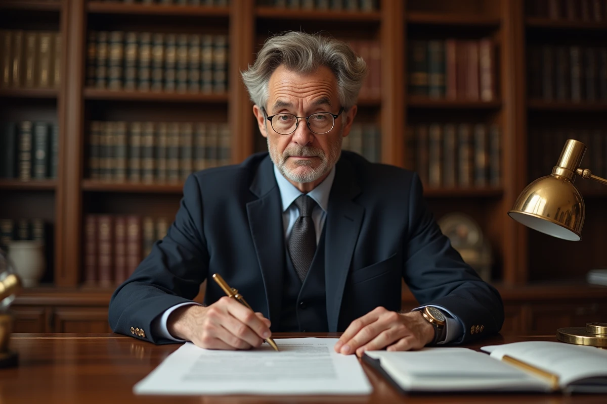 Notaire examinant des actes de propriété et documents juridiques pour la vente d'un manoir abandonné