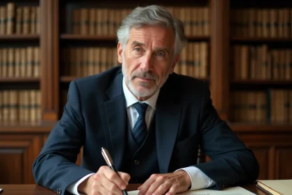 Notaire marchand de bien examinant des documents de frais de notaire dans un bureau parisien classique