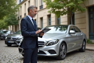 Notaire en costume à côté d'une voiture à Limoges