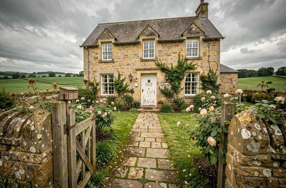 Petite maison en pierre avec jardin à louer dans l'Eure en Normandie avec panneau de location visible