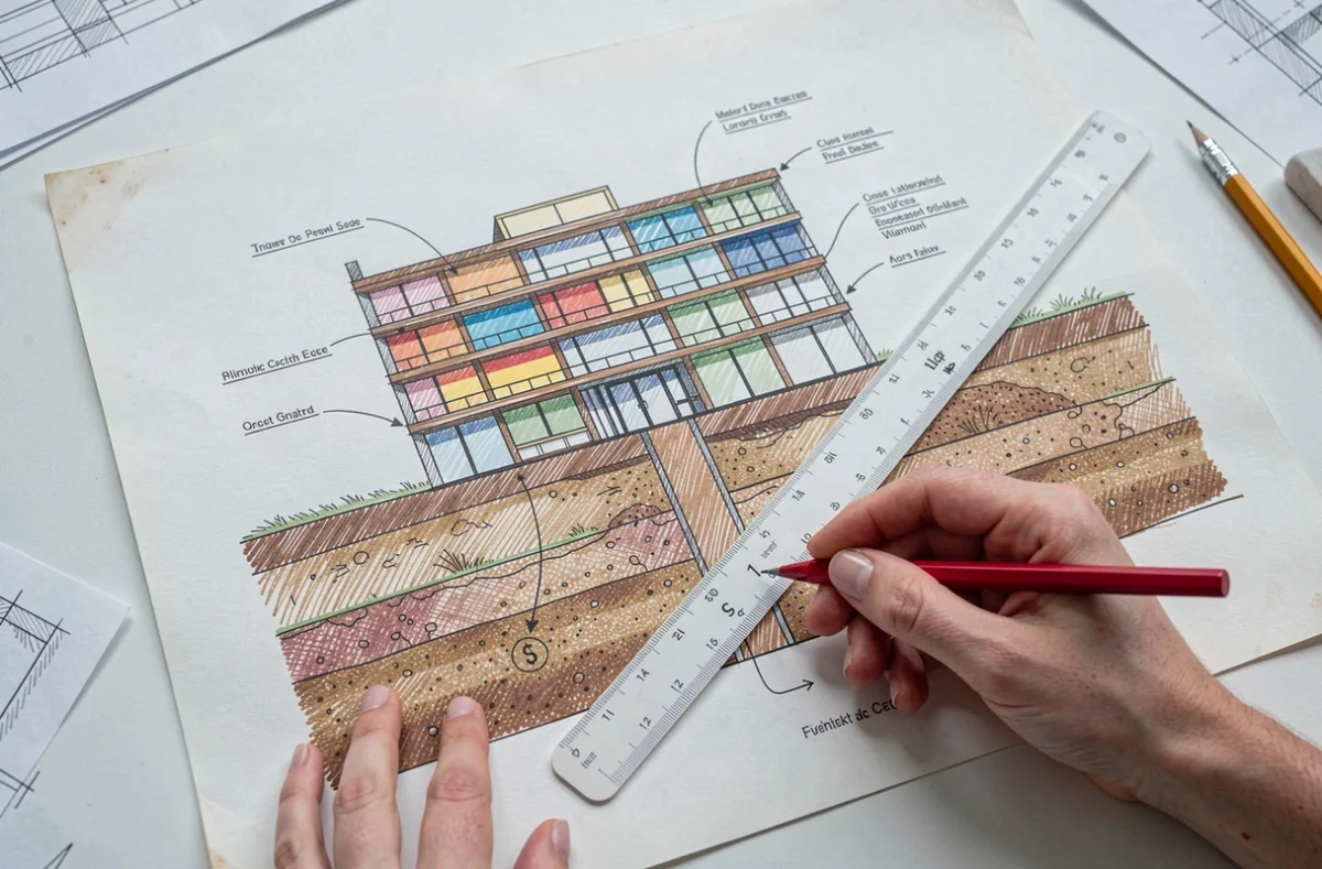Vue aérienne d'un plan en coupe détaillé montrant les couches de terrain et la structure d'un bâtiment
