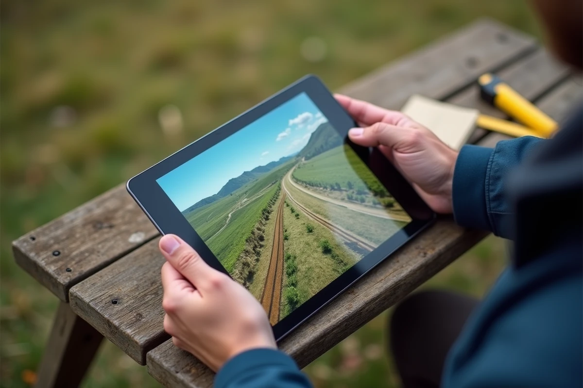 Mains naviguant sur un plan de coupe terrain affiché sur tablette lors d'un relevé topographique sur le terrain