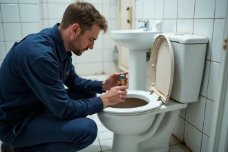 Plombier inspectant un robinet flotteur dans la chasse d'eau d'un appartement