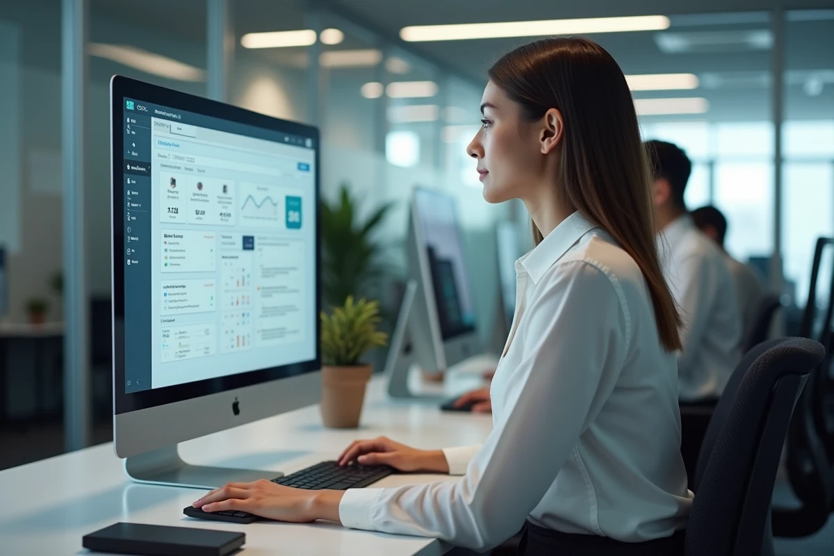 Professionnelle gérant son espace client MyCitya sur un grand écran dans un bureau en open space