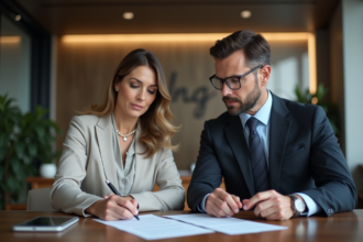 Une femme d'affaires et un homme examinent un contrat de prêt immobilier