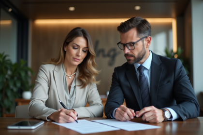 Une femme d'affaires et un homme examinent un contrat de prêt immobilier