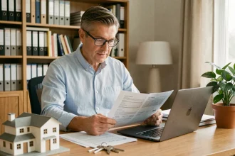 Propriétaire bailleur comparant des offres d'assurance PNO sur ordinateur portable dans son bureau à domicile