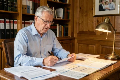 Propriétaire examinant des documents fiscaux et successoraux dans un bureau à domicile