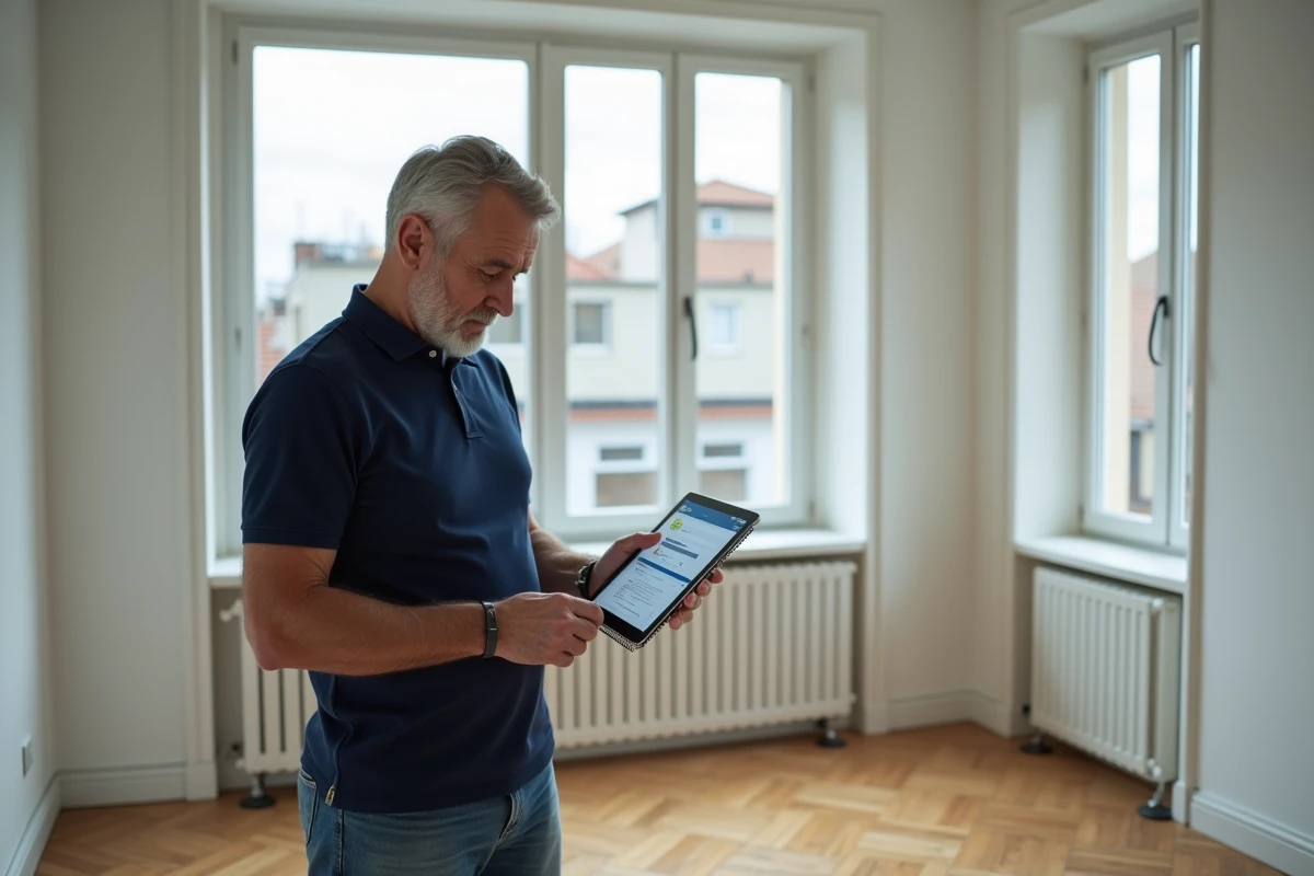 Propriétaire estimant la valeur de son appartement vide grâce à un outil d'estimation immobilière en ligne