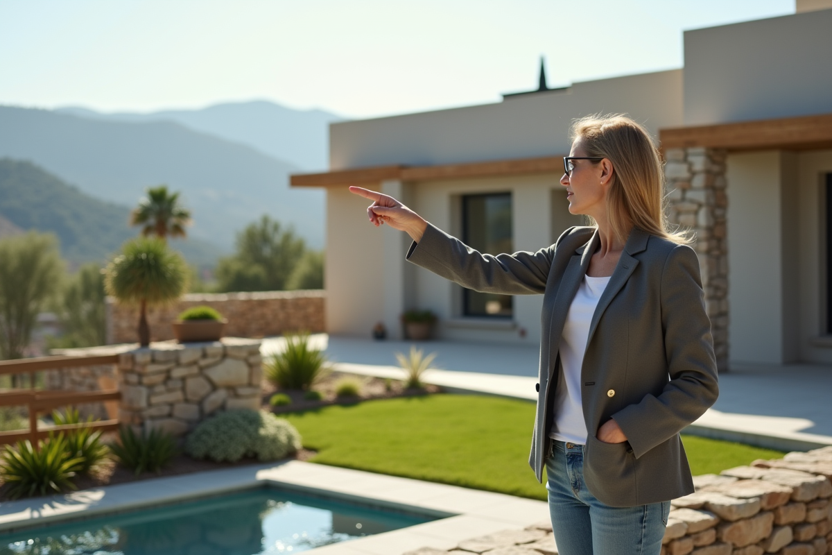 Proprietaire regardant un bâtiment résidentiel depuis la terrasse