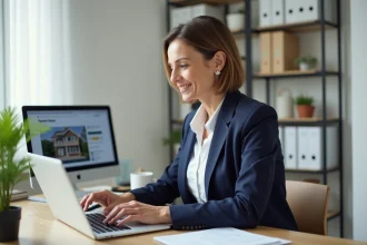 Propriétaire consultante analysant des annonces de location meublée sur SeLoger depuis son bureau à domicile