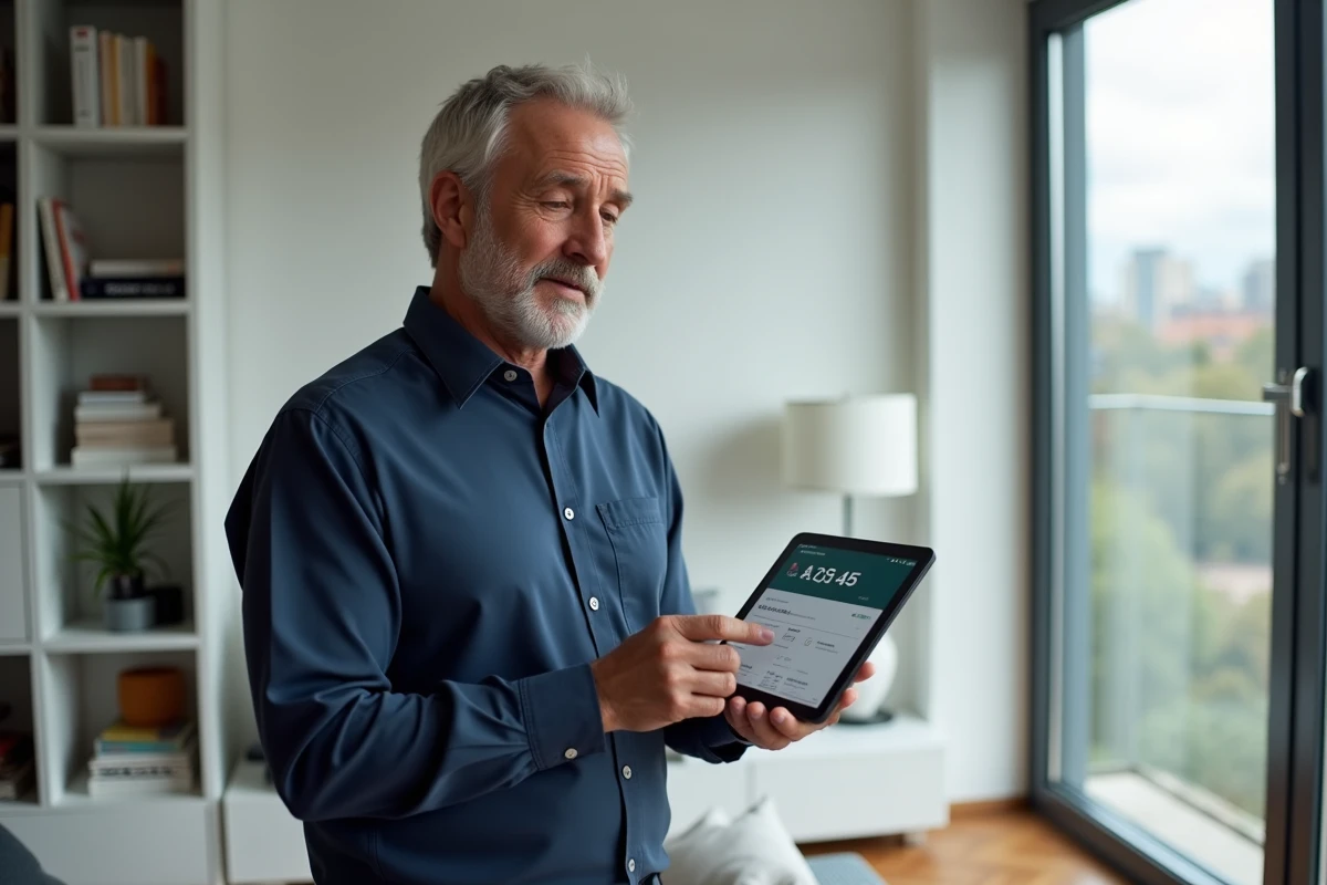 Propriétaire consultant son espace locataire MyNexity sur tablette dans un appartement moderne