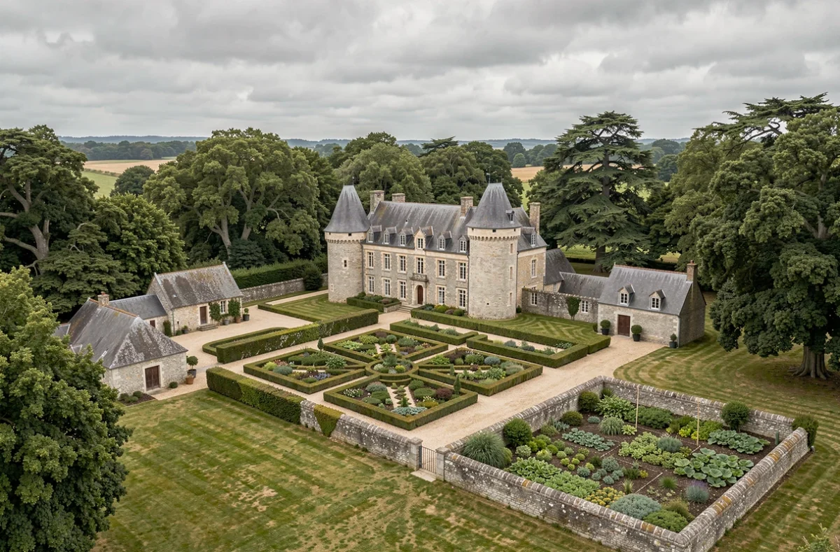 Château breton du XVIIe siècle en pierre avec tour carrée, jardins à la française et dépendances représentant Propriétés de Bretagne