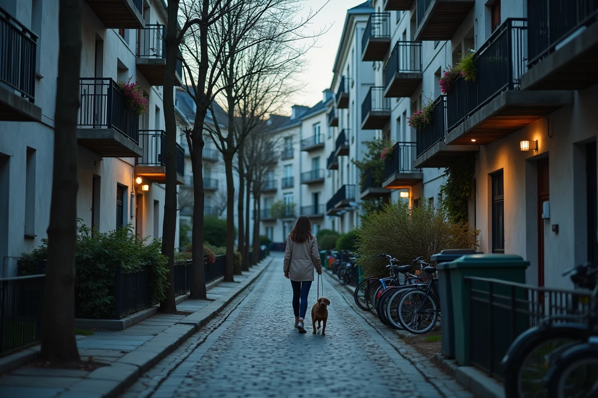 Allée résidentielle calme au Havre en fin de journée avec immeubles en béton, balcons fleuris et femme promenant un chien