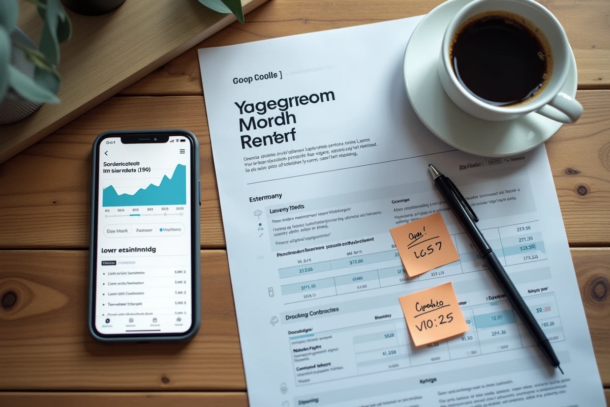 Vue aérienne d'un rapport d'estimation de loyer imprimé avec smartphone et notes sur un bureau à Lyon