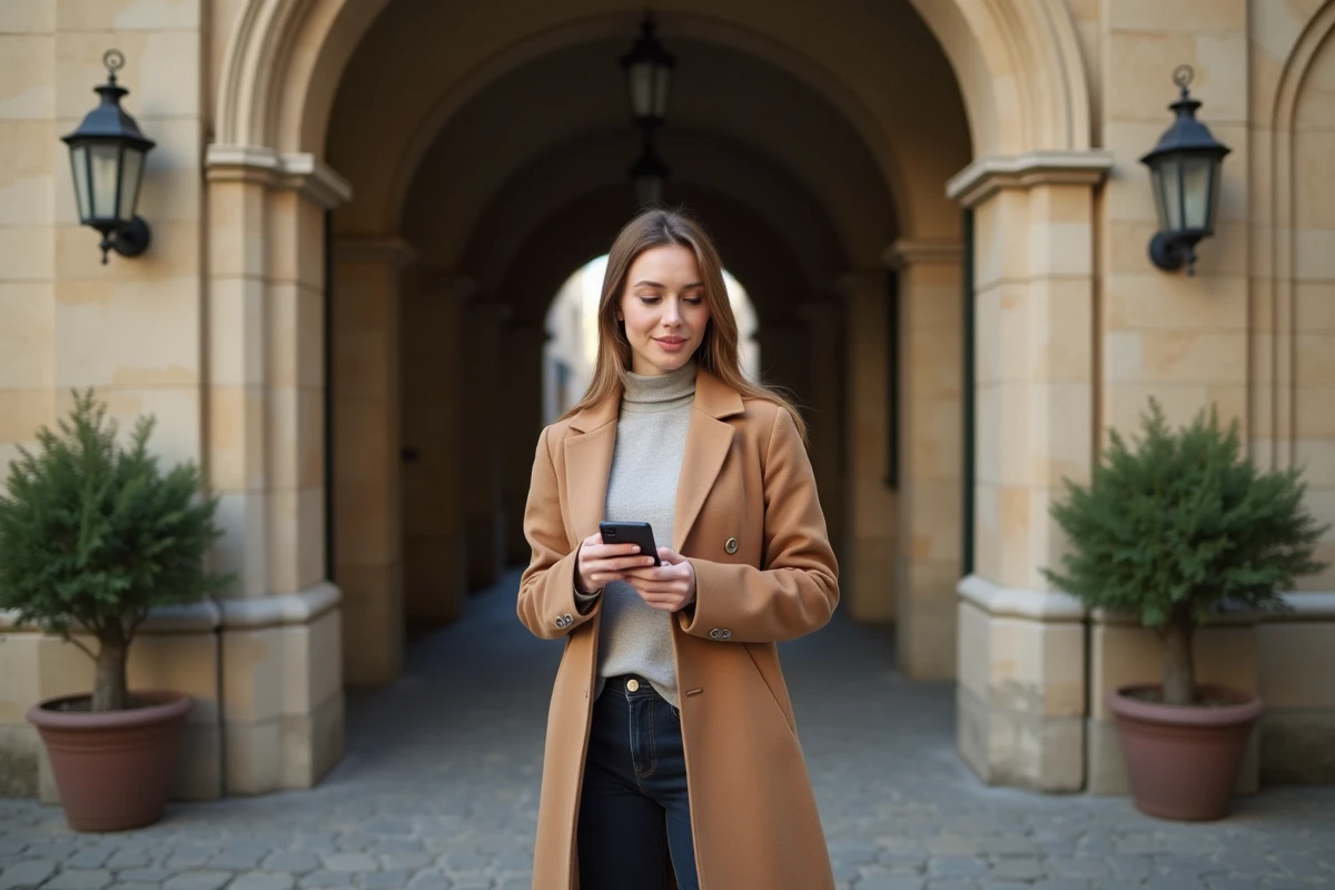 Femme consultant une annonce immobilière sur smartphone devant une traboule lyonnaise typique du Vieux-Lyon