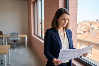 Femme professionnelle consultant des plans de bureaux dans un espace moderne à Toulouse avec architecture en brique rose