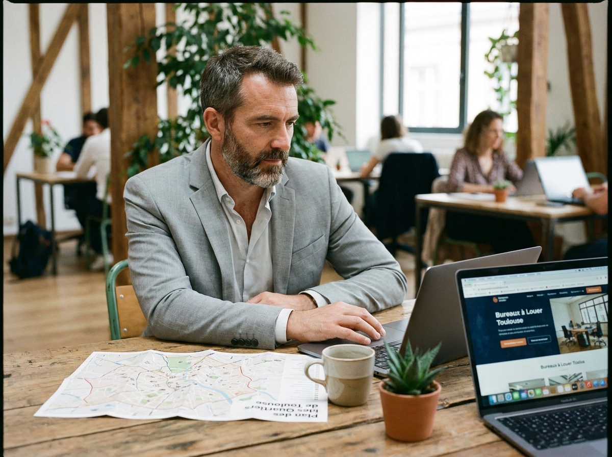 Homme en costume gris recherchant des bureaux à louer à Toulouse sur un ordinateur portable dans un espace de coworking