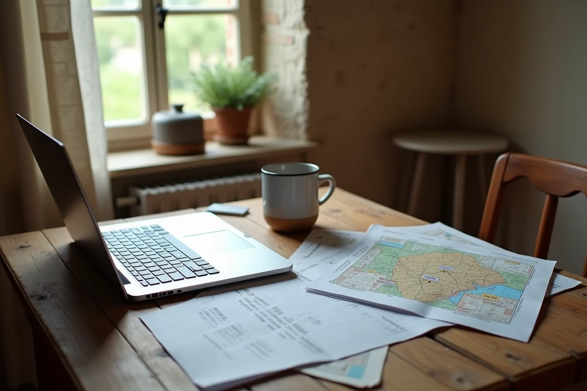 Recherche de location de maison avec jardin dans le Puy-de-Dôme sur ordinateur avec carte régionale et annonces immobilières imprimées