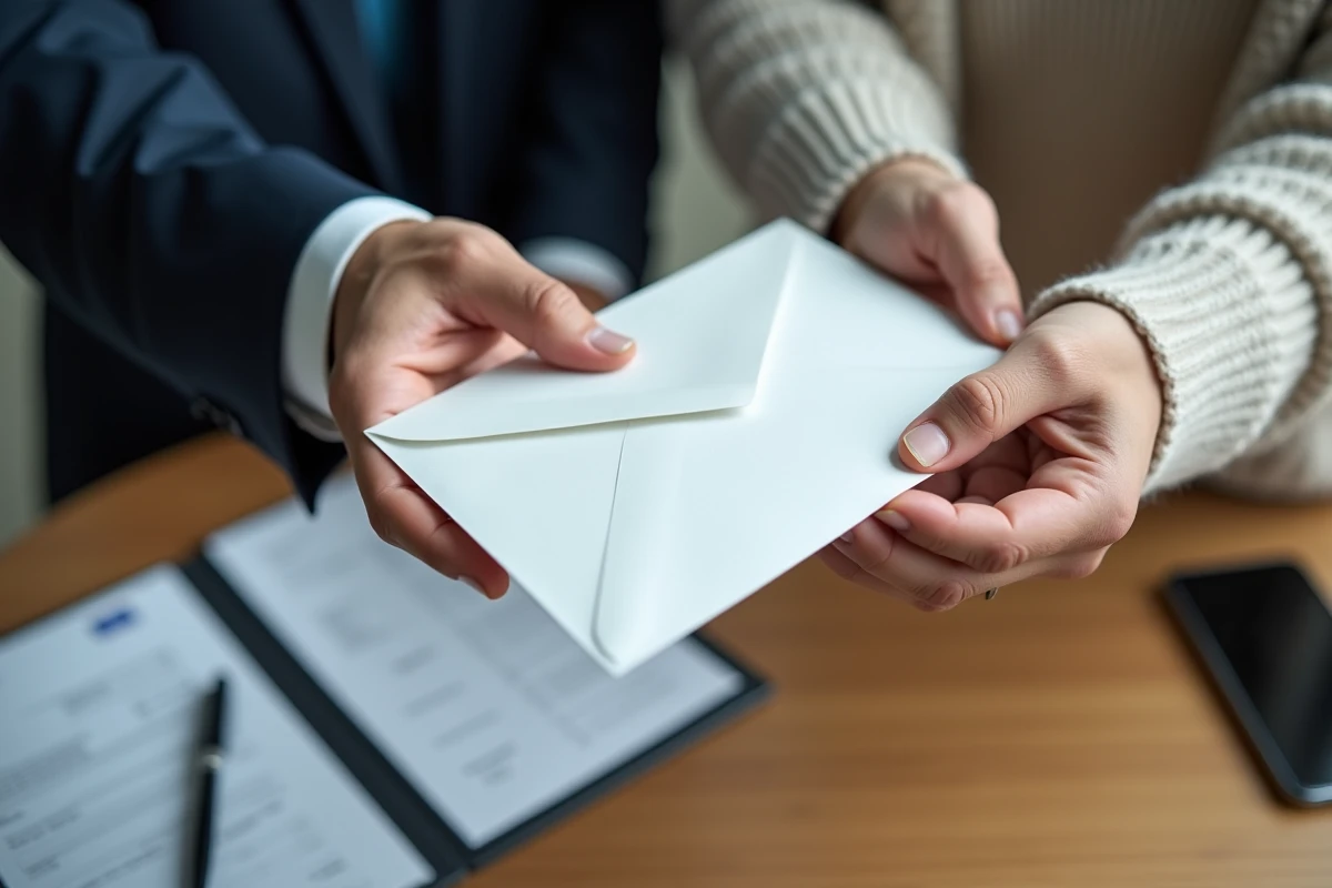 Remise d'enveloppe représentant la restitution de la caution entre locataire et propriétaire sur un bureau