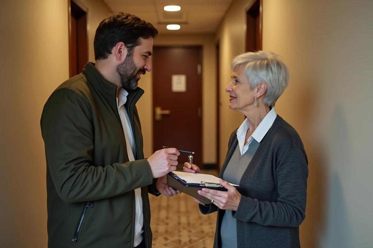 Locataire signant un reçu sur clipboard dans un couloir d'immeuble lors de la remise de clés sans quittance disponible